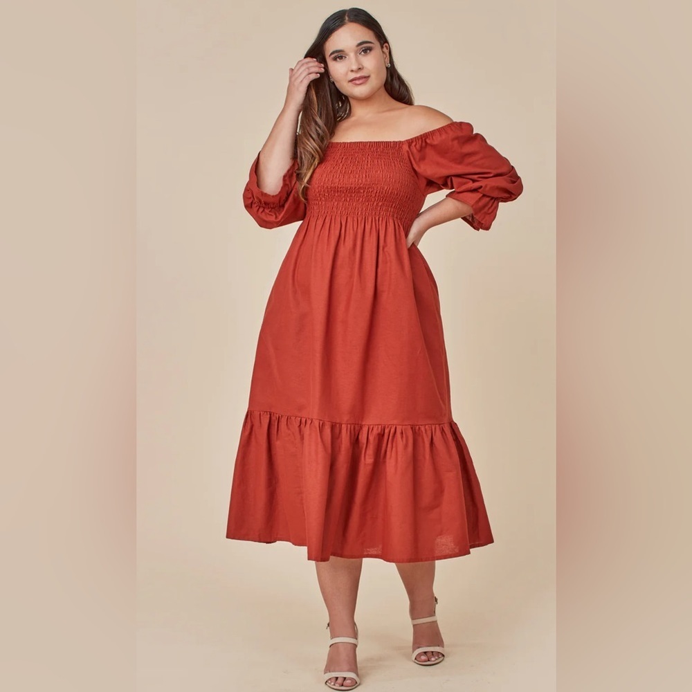 Rust Orange Smocked Ruffle MIDI Dress by BALILN Size XXXL NEW